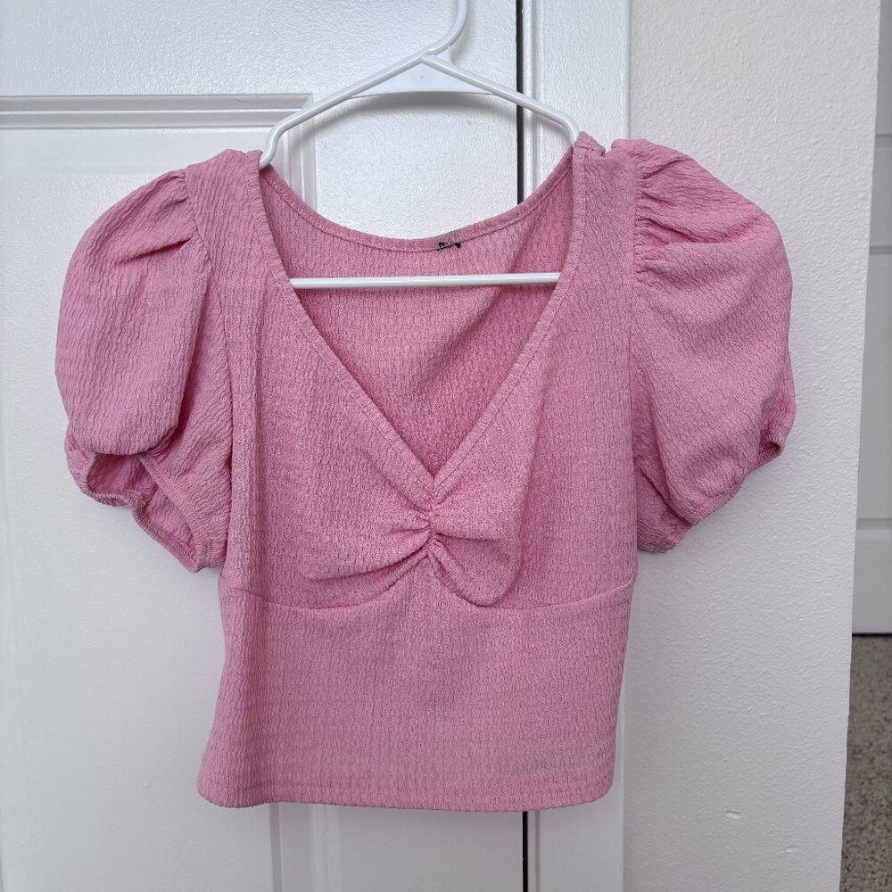 Pink Puffer Sleeve Crop Top T-Shirt Size S Small